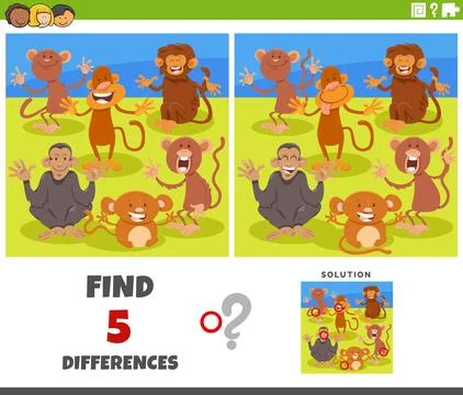Differences game with cartoon monkeys animal characters Stock Illustration