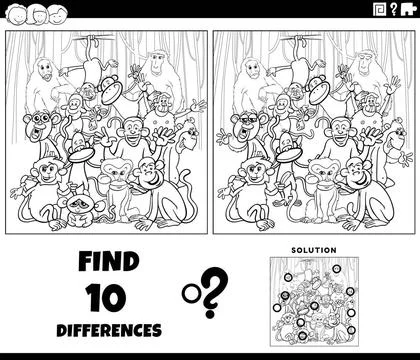Differences game with cartoon monkeys coloring page Black and white cartoo... Stock Photos