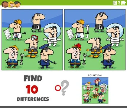 Differences game with cartoon people of different professions Cartoon illu... Stock Photos