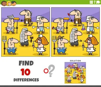 Differences game with cartoon people of different professions Cartoon illu... Stock Photos