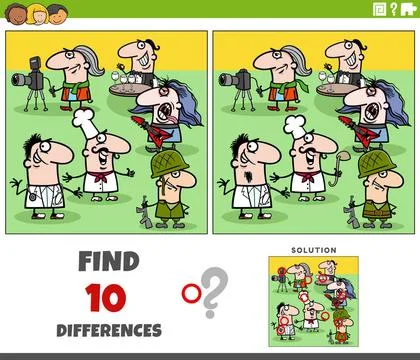 Differences game with cartoon people of different professions Cartoon illu... Stock Photos