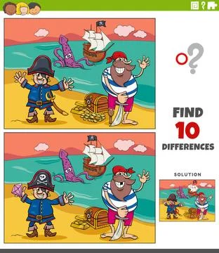 Differences game with cartoon pirate characters with treasure Cartoon illu... Stock Photos