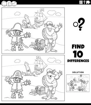 Differences game with cartoon pirates coloring page Black and white cartoo... Stock Photos