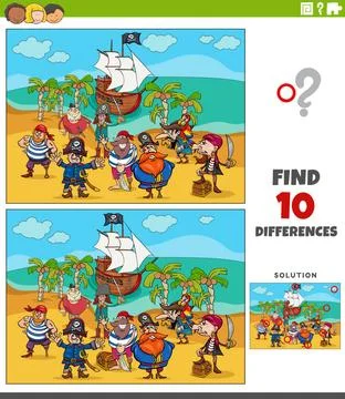 Differences game with cartoon pirates on treasure island Cartoon illustrat... Stock Photos