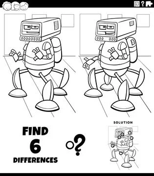 Differences game with cartoon robot character coloring book page Stock Illustration