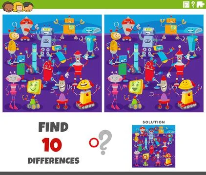 Differences game with cartoon robot characters group Stock Illustration
