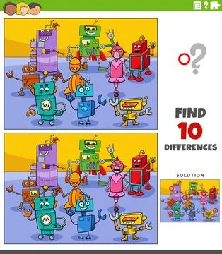 Differences game with cartoon robots characters group Stock Illustration