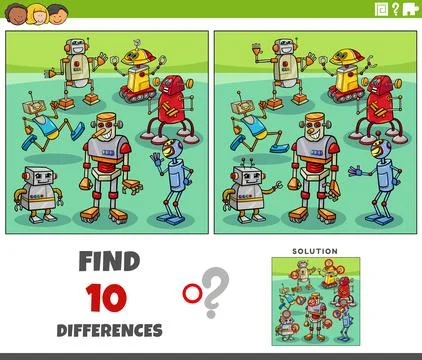 Differences game with cartoon robots characters Stock Illustration