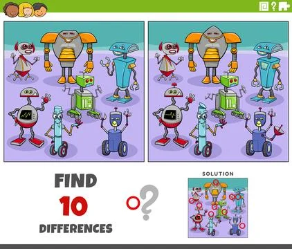 Differences game with cartoon robots characters Stock Illustration