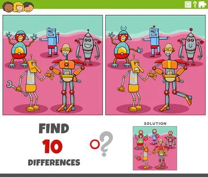 Differences game with cartoon robots characters Stock Illustration