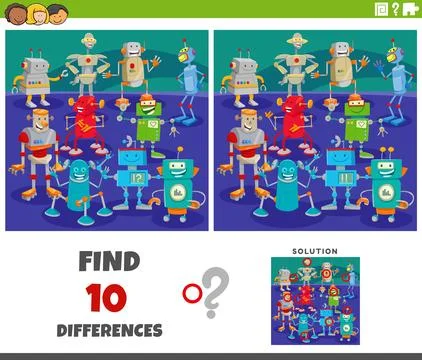 Differences game with cartoon robots characters group Stock Illustration