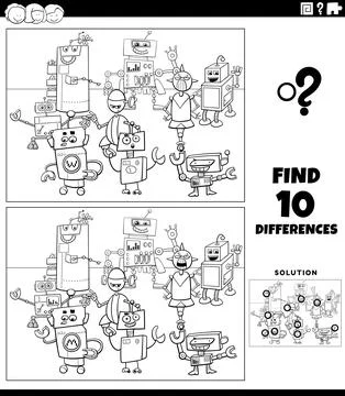 Differences game with cartoon robots coloring page Stock Illustration