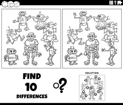 Differences game with cartoon robots coloring page Stock Illustration