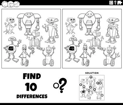 Differences game with cartoon robots coloring page Stock Illustration
