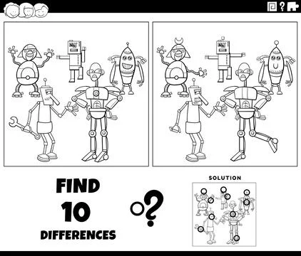 Differences game with cartoon robots coloring page Stock Illustration