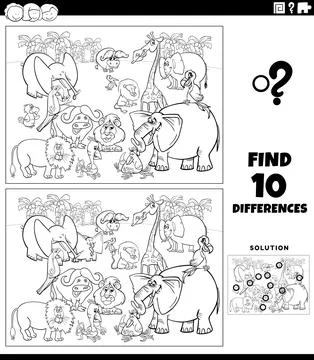 Differences game with cartoon Safari animals coloring page Stock Illustration