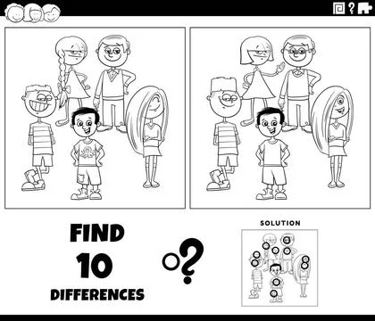 Differences game with cartoon school children coloring page Black and whit... Stock Photos