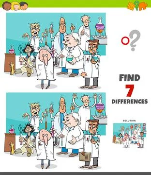 Differences game with cartoon scientists group Cartoon Illustration of Fin... Stock Photos