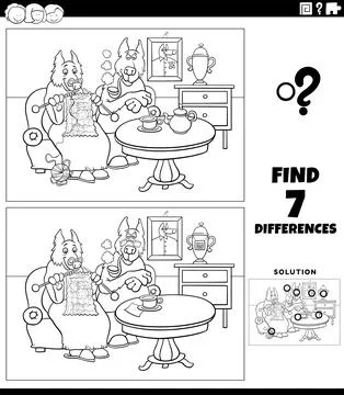 Differences game with cartoon senior dogs coloring page Stock Illustration