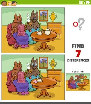 Differences game with cartoon senior dogs couple at home Stock Illustration