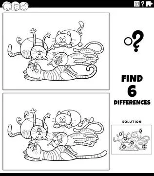 Differences game with cartoon sleeping cats coloring book page Black and w... 스톡 사진