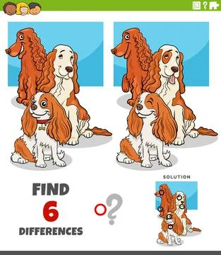 Differences game with cartoon spaniel dogs characters Stock Illustration
