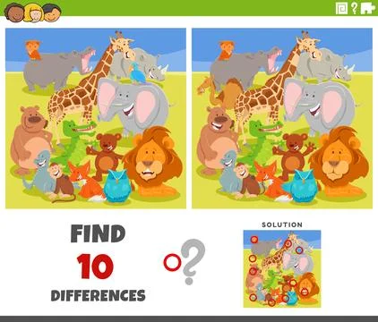 Differences game with cartoon wild animals group Stock Illustration
