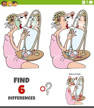 Differences game with cartoon woman doing makeup Stock Illustration