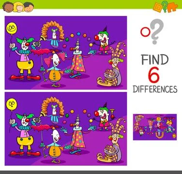 Differences game with clown characters Cartoon Illustration of Find and Sp... Stock Photos