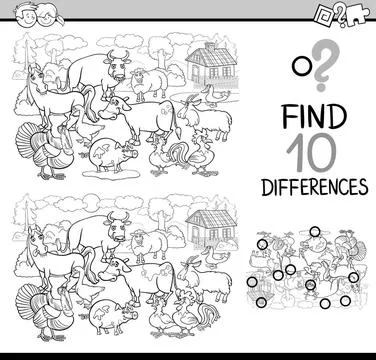 Differences game coloring book Black and White Cartoon Illustration of Fin... Stock Photos