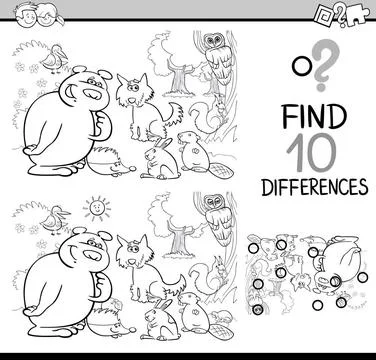 Differences game coloring page Black and White Cartoon Illustration of Fin... Stock Photos