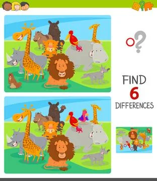 Differences game with comic animal characters Cartoon Illustration of Find... Stock Photos