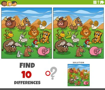 Differences game with comic animal characters group Cartoon illustration o... Stock Photos