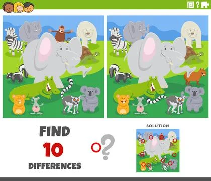 Differences game with comic animal characters group Cartoon illustration o... Stock Photos
