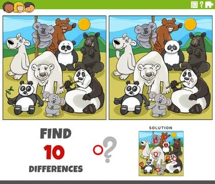 Differences game with comic bears animal characters group Cartoon illustra... Stock Photos