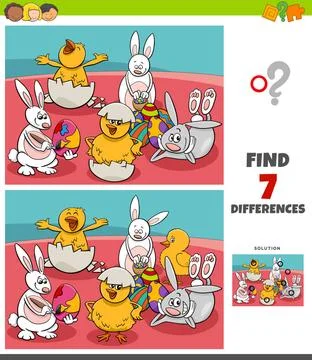 Differences game with comic Easter characters Cartoon Illustration of Find... Stock Photos