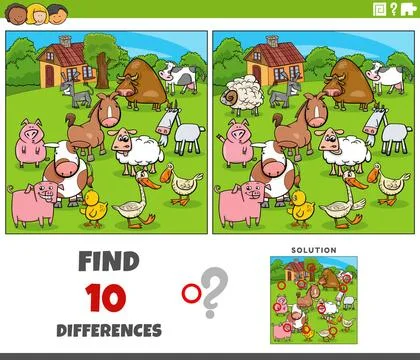 Differences game with comic farm animal characters group Cartoon illustrat... Stock Photos