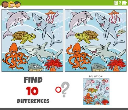Differences game with comic marine animal characters group Cartoon illustr... Stock Photos