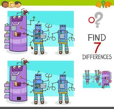 Differences game with comic robot characters Cartoon Illustration of Findi... Stock Photos