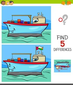 Differences game with container ship Cartoon Illustration of Finding Five ... 스톡 사진