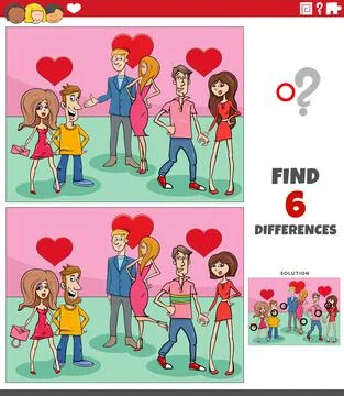 Differences game with couples in love on Valentines Day Stock Illustration