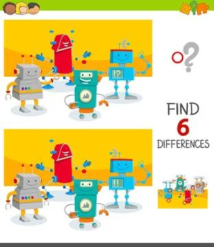 Differences game with cute cartoon robots Cartoon Illustration of Finding ... 스톡 사진