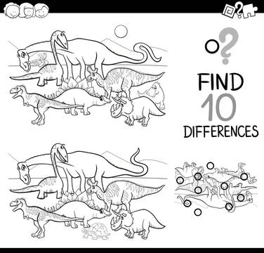 Differences game with dinos Black and White Cartoon Illustration of Findin... Stock Photos