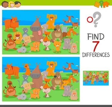 Differences game with dog and cat characters Cartoon Illustration of Findi... Stock Photos