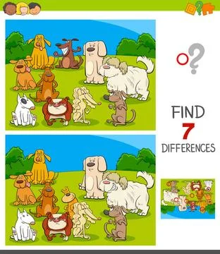 Differences game with dog characters Cartoon Illustration of Finding Seven... Foto stock