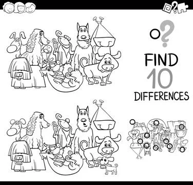 Differences game with dogs Black and White Cartoon Illustration of Finding... Foto stock
