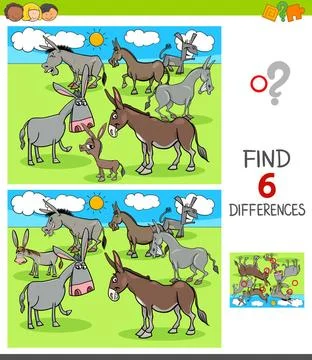 Differences game with donkeys animal characters Cartoon Illustration of Fi... Stock Photos