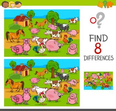 Differences game with farm animal characters Cartoon Illustration of Findi... Stock Photos