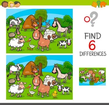 Differences game with farm animal characters Cartoon Illustration of Find ... Stock Photos