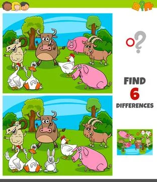 Differences game with farm animal characters Cartoon Illustration of Findi... Stock Photos